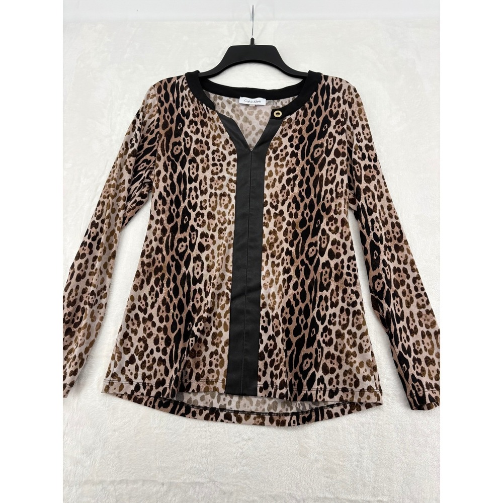 Calvin Klein Top Womens M Blouse Brown Leopard Split Neck Faux Leather Trim‎